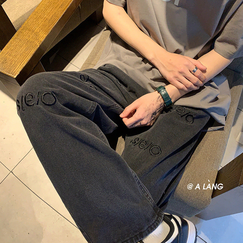 Men Jeans Straight Jeans Men's Spring and Summer Letters Embroidered Wide-Leg Pants