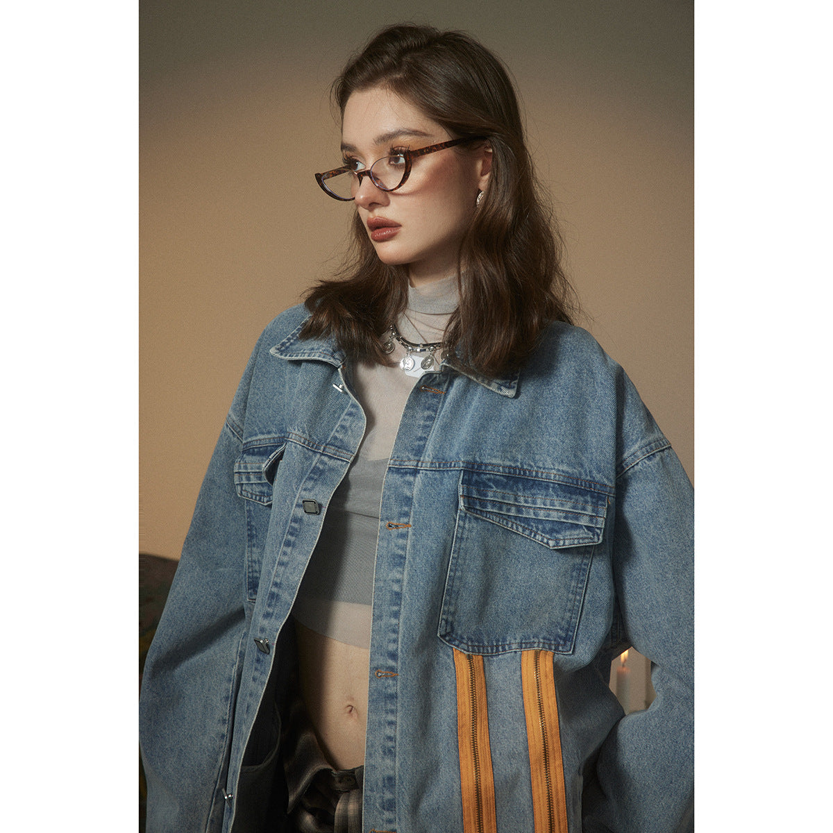 Unisex Jacket Retro Washed Denim Jacket Zipper Men and Women Loose Overalls