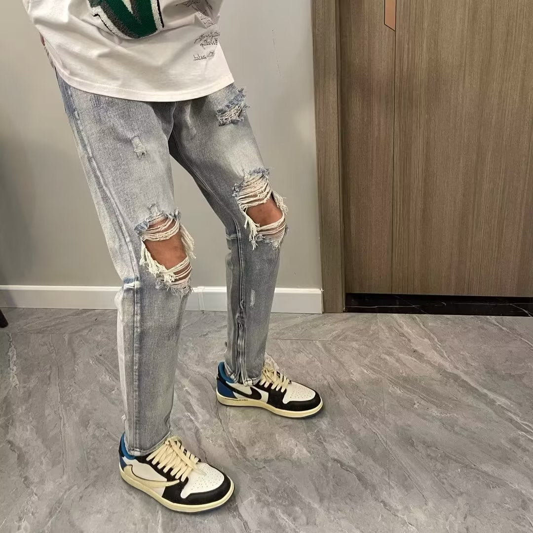 Men Jeans Ripped Jeans Men's Summer Vintage Distressed Zipper Trousers