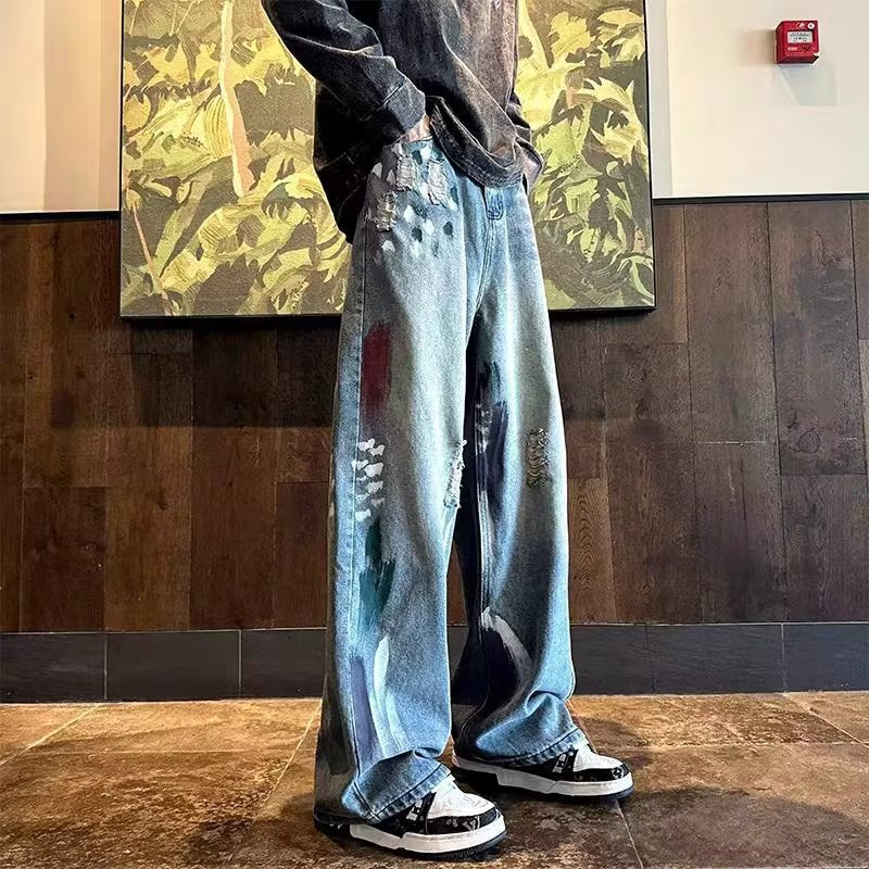 Men Jeans Men's Autumn Washed Distressed Wide-Leg Pants Loose Straight Casual Trousers