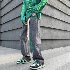 Men Jeans Graffiti Jeans Spring Straight-Leg Pants Loose-Fitting Wide-Leg Trousers