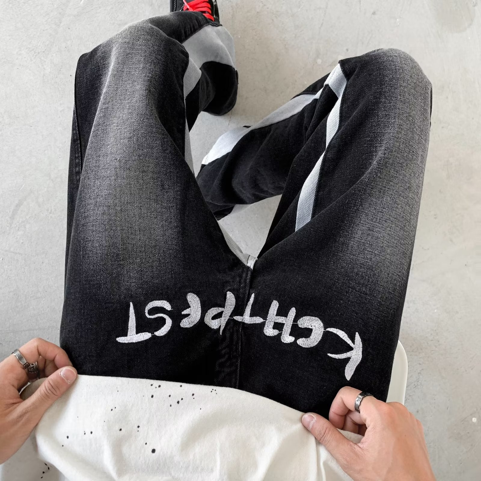 Men Jeans Water-Washing Embroidery Jeans Bootcut Trousers