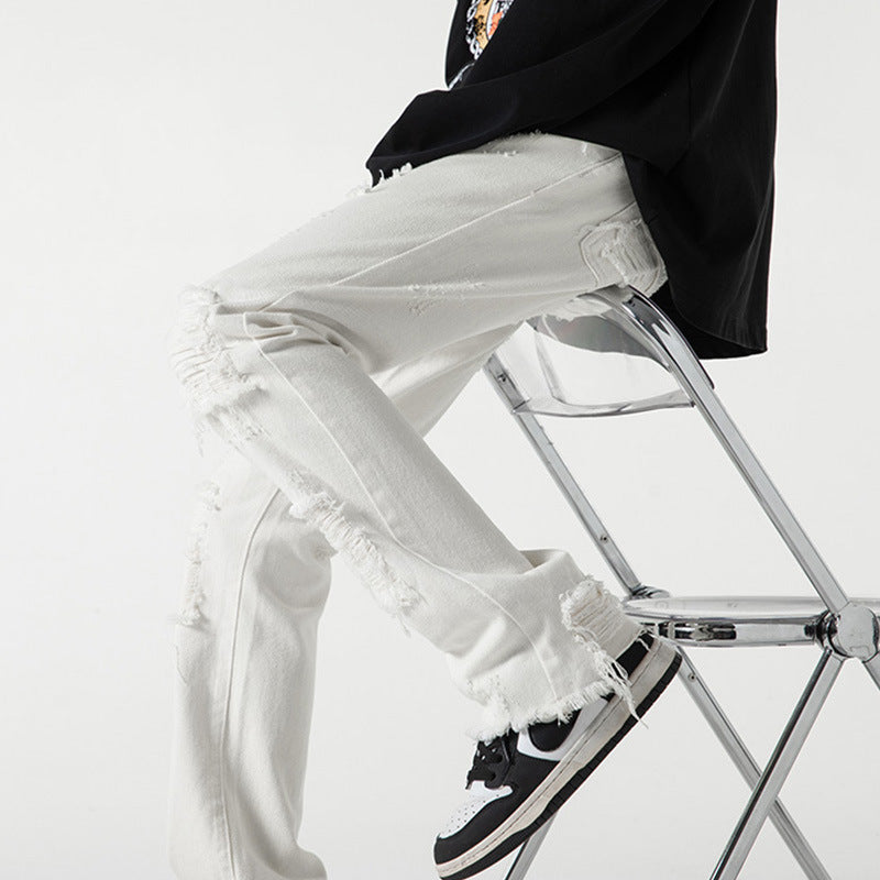 Men Jeans Black Jeans Men's Spring and Autumn Straight-Leg Pants Ripped Leisure Trousers