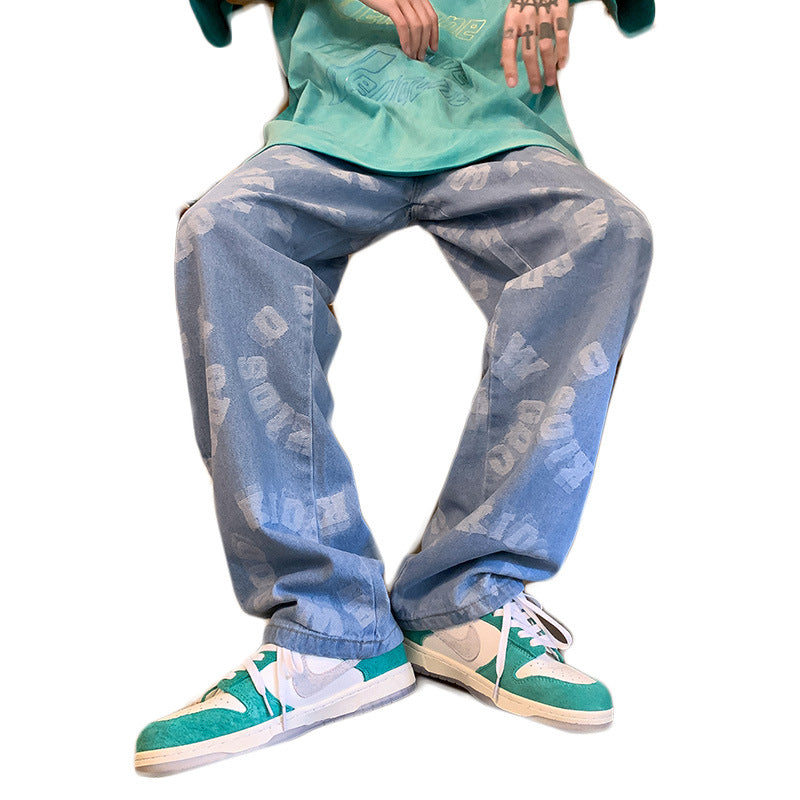 Men Jeans Summer Loose Printed Trousers Casual Wide Leg Pants