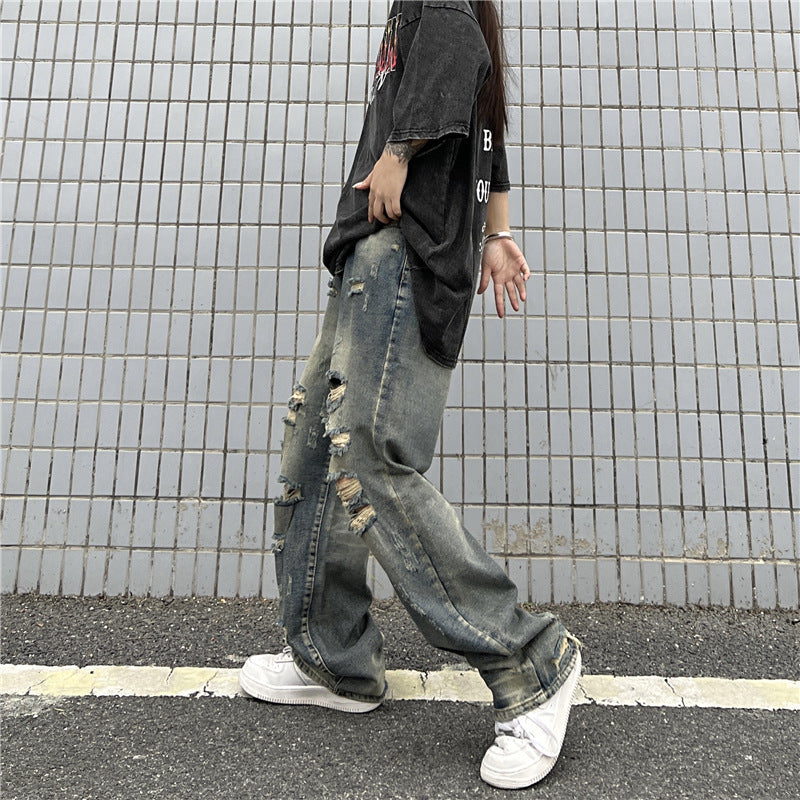 Men Jeans Retro Washed Distressed Ripped Jeans