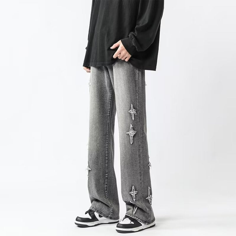 Men Jeans Cross Embroidery Straight-Leg Pants Spring Loose Retro Oversized Casual Trousers