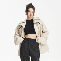 Unisex Jacket Retro Hooded Sports Jacket Men and Women Baggy Casual Jacket Shell Jacket