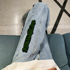 Men Jeans Letter Flocking Jeans Loose Spring and Autumn Retro