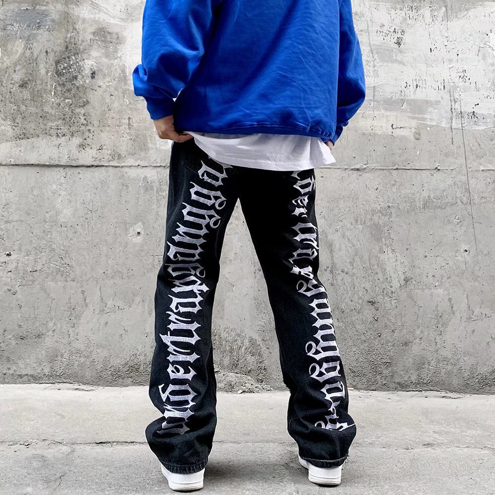 Men Jeans Embroidered Jeans Hip Hop Ripped Loose Trousers