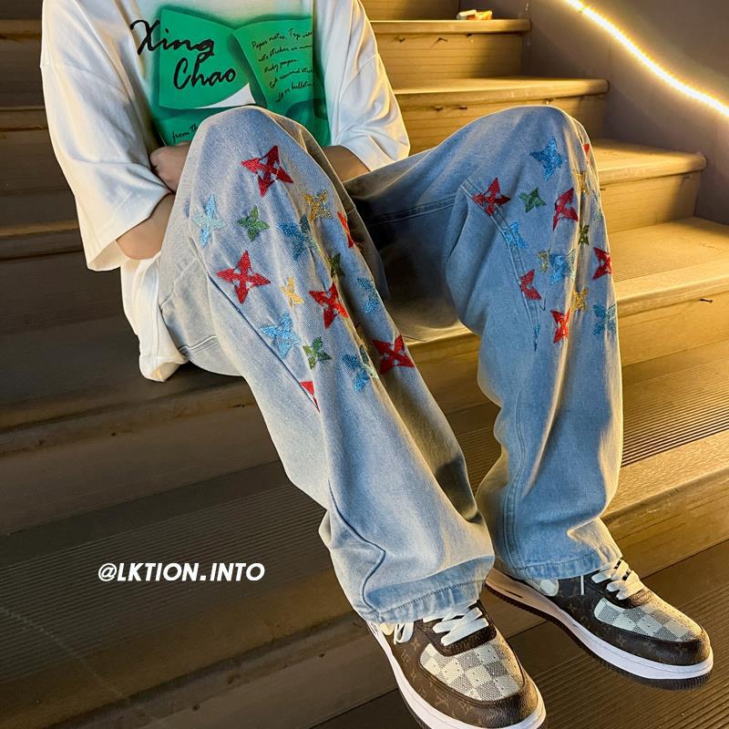 Men Jeans Embroidered Jeans Baggy Straight Trousers