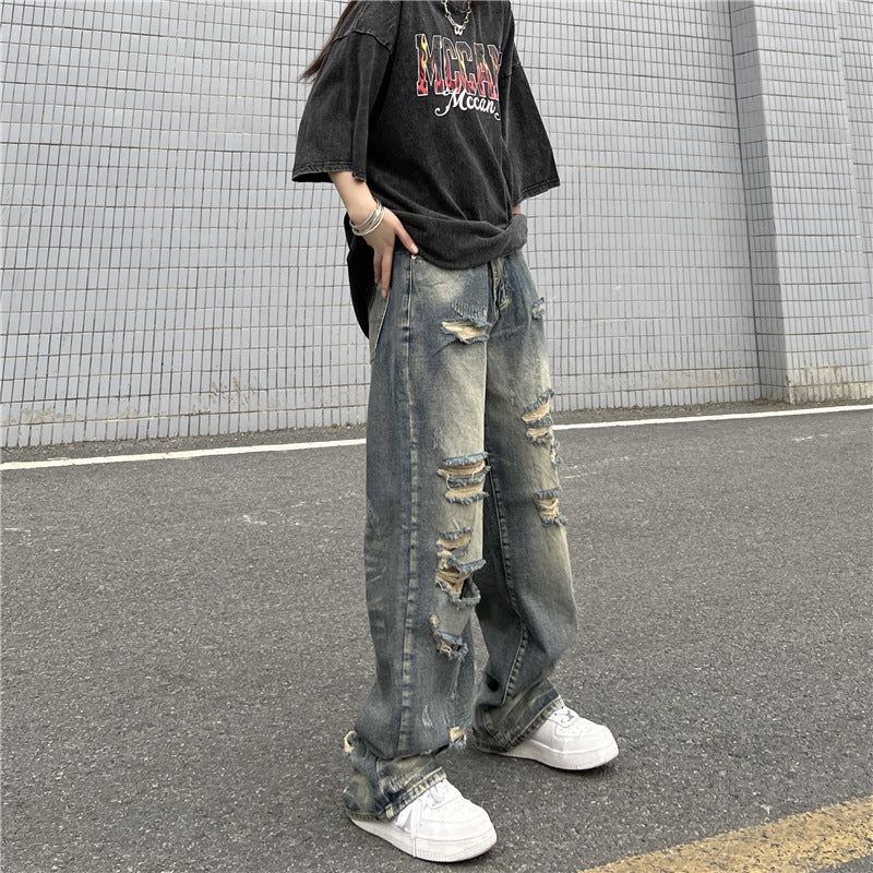Men Jeans Retro Washed Distressed Ripped Jeans