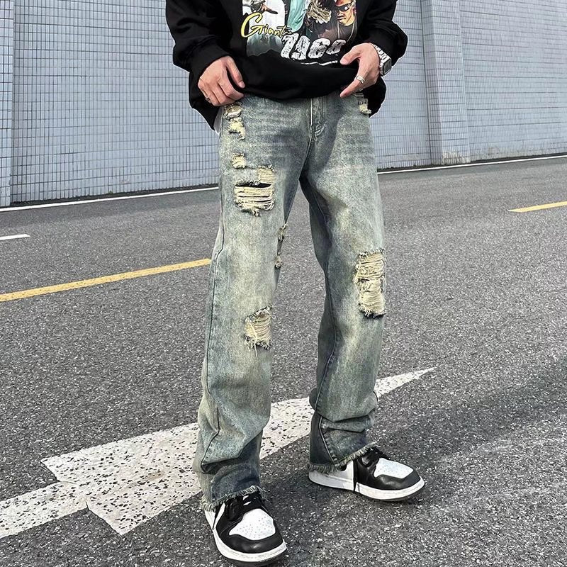 Men Jeans Washed Distressed Ripped Jeans Hiphop Loose Straight Trousers