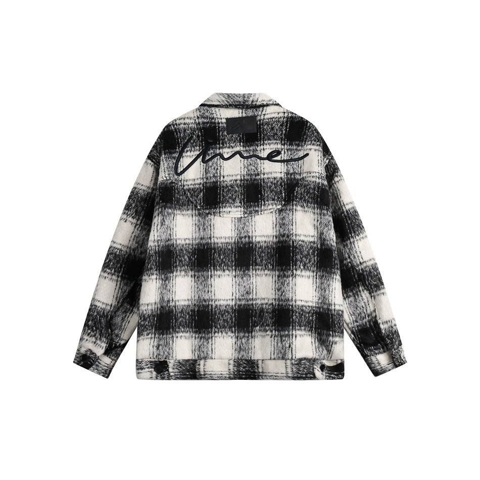 Unisex Jacket Vintage Plaid Loose Stand Collar Jacket Spring and Autumn Coat