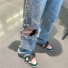 Men Jeans Ripped Jeans Washed Loose Wide Leg