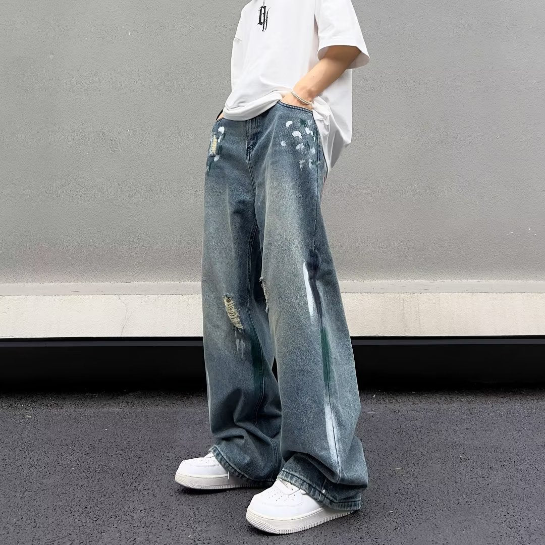 Men Jeans Water Washed Hole Jeans Men's Summer Loose Wide-Leg Straight Pants