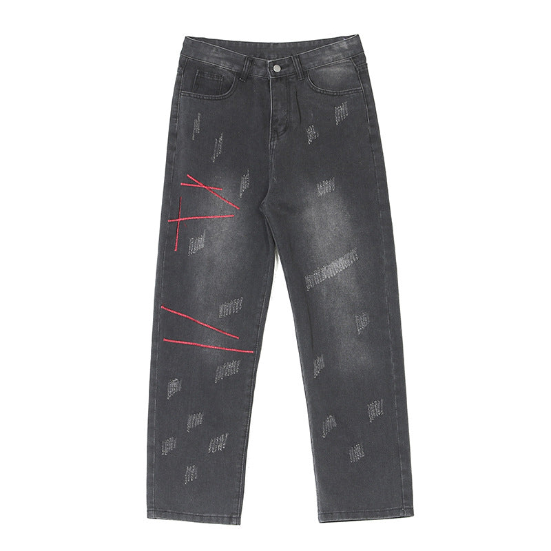 Men Jeans Washed Jeans Men's Winter Retro Straight-Leg Pants