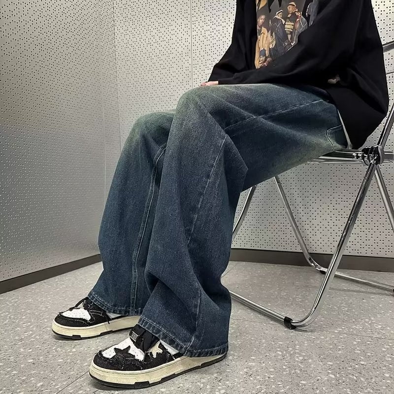 Men Jeans Washed Straight Jeans Spring and Autumn Loose Wide Leg Summer Casual Pants