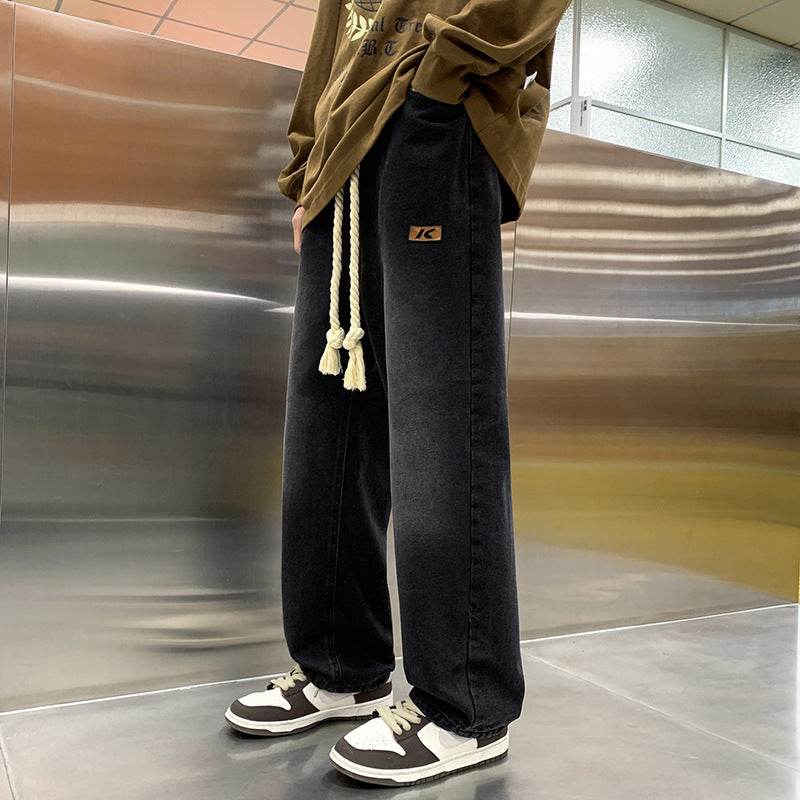 Men Jeans Drawstring Jeans Men Spring Autumn Vintage Straight-Leg Wide-Leg Pants