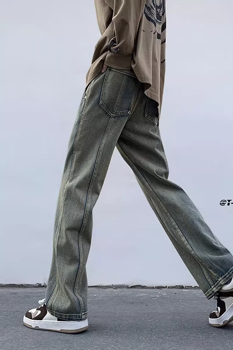 Men Jeans Washed Second-Hand Black Color Stitching Jeans Slim Straight Bootcut Trousers