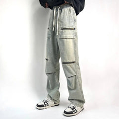 Men Jeans Spring and Autumn Vintage Zipper Loose Straight Wide Leg Straight Casual Trousers