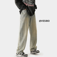 Men Jeans Retro Distressed Straight-Leg Pants Autumn Loose Casual Pants