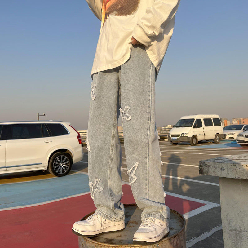 Men Jeans Spring Straight-Leg Pants Hip Hop Wide Leg Trousers