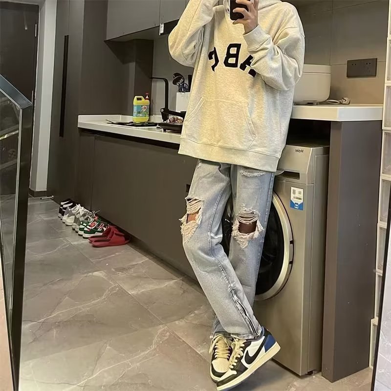 Men Jeans Split Ripped Jeans