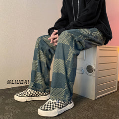 Men Jeans Chessboard Plaid Jeans Autumn Straight Wide-Leg Pants Retro Loose Trousers