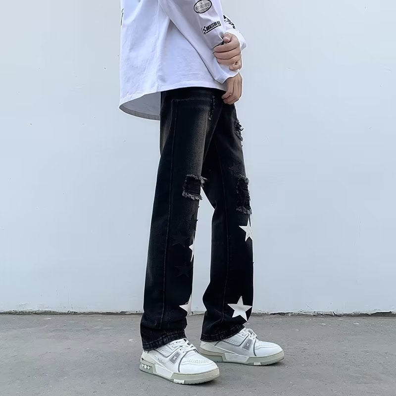 Men Jeans Five-Pointed Star Ripped Jeans Men's Spring Loose Straight Wide-Leg Pants