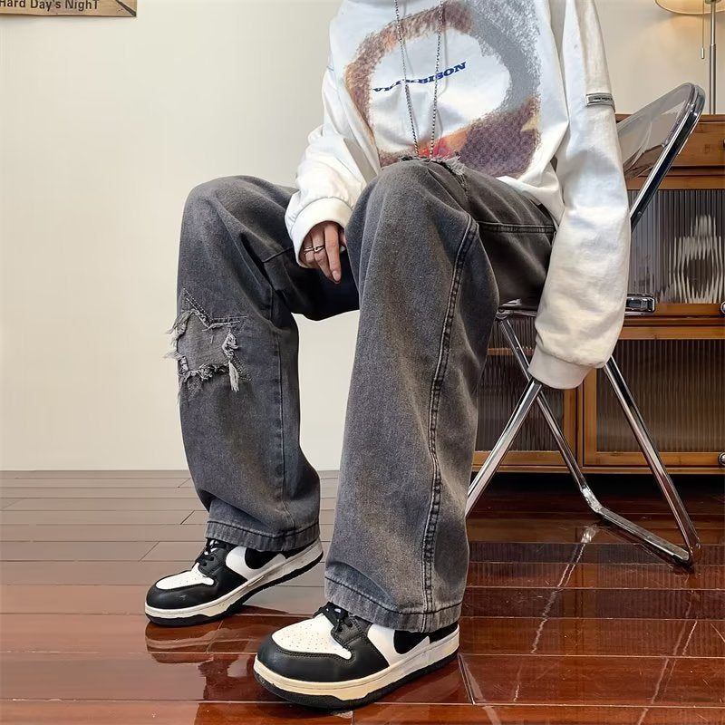 Men Jeans Ripped Jeans Men Retro Washed Straight Loose Oversize Wide Leg Pants