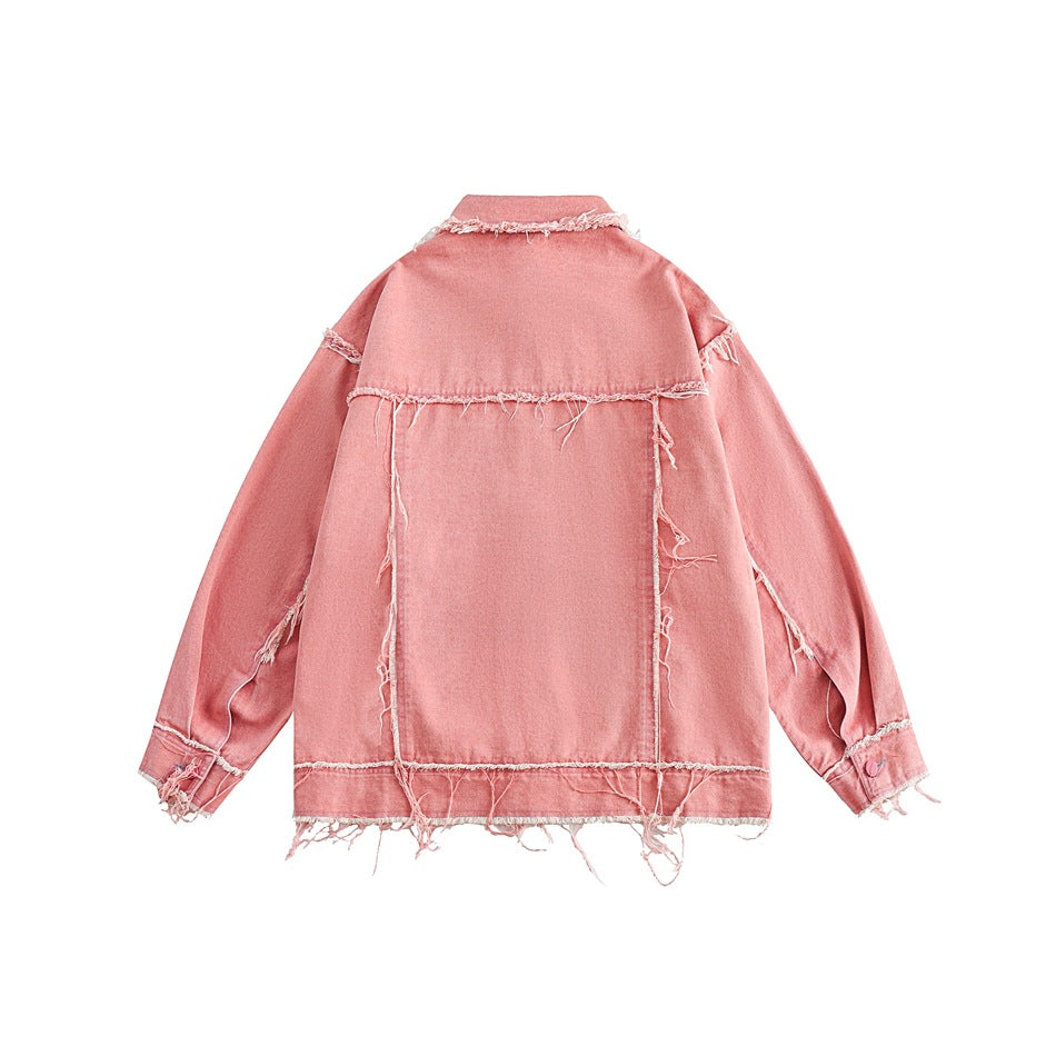 Unisex Jacket Loose Raw Hem Turn-down Collar Coat