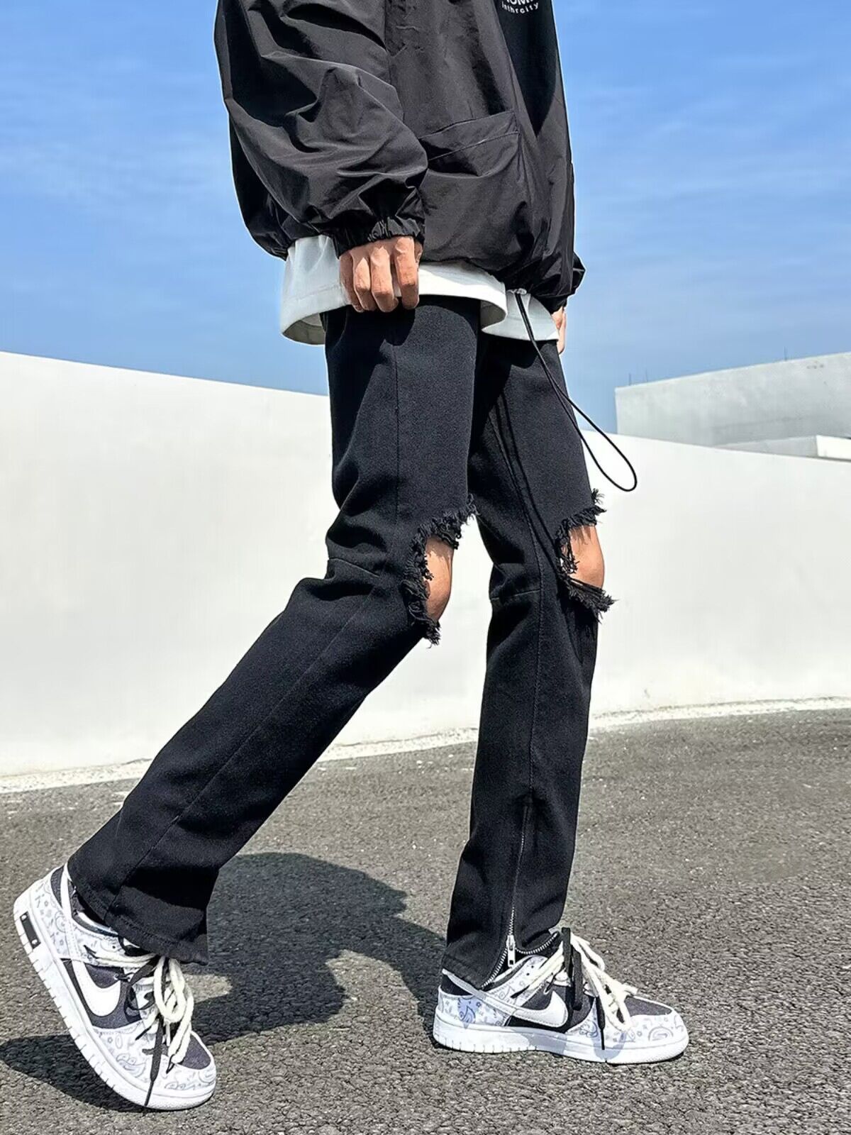 Men Jeans Black Ripped Zipper Jeans Summer Straight-Leg Trousers