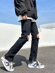 Men Jeans Black Ripped Zipper Jeans Summer Straight-Leg Trousers