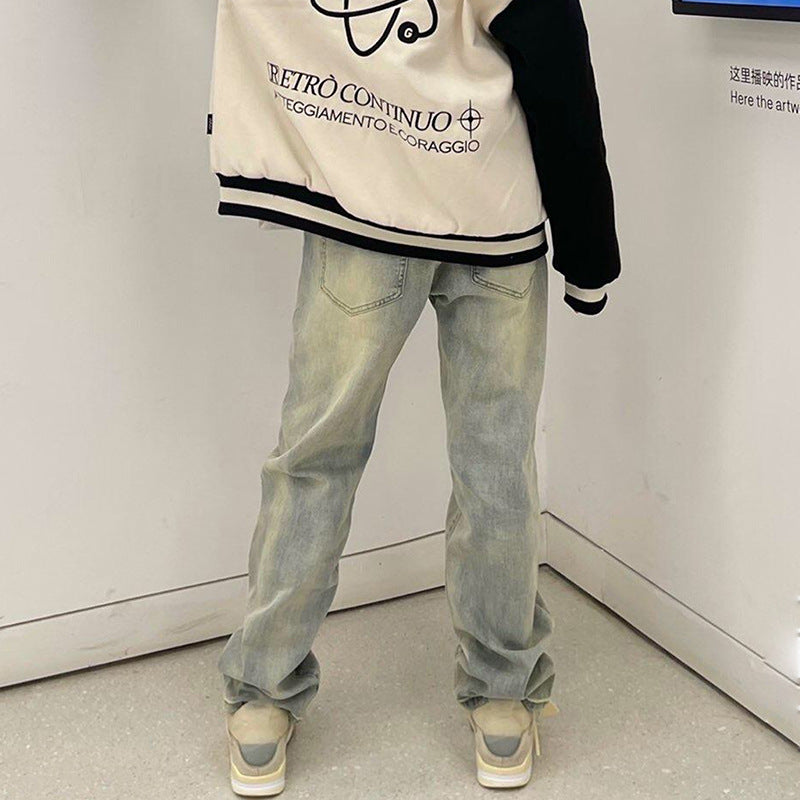 Men Jeans Loose Washed-out Old Straight-Leg Pants