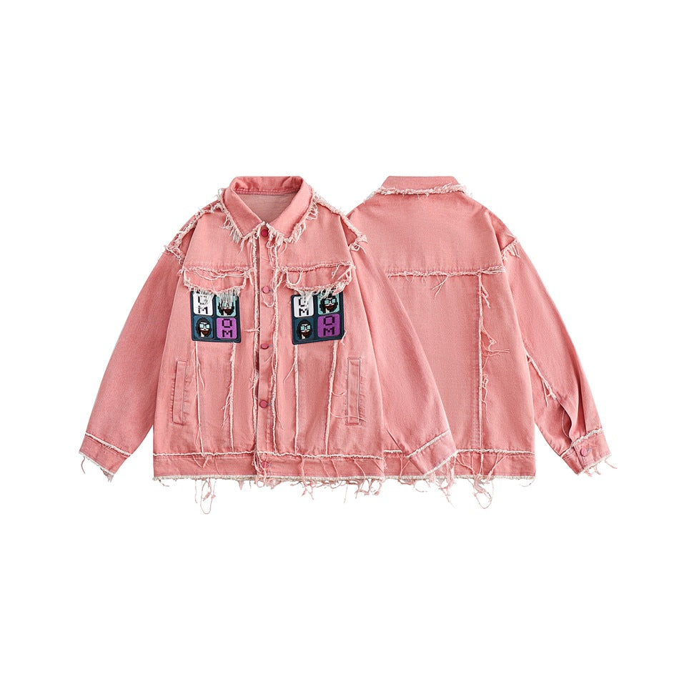 Unisex Jacket Loose Raw Hem Turn-down Collar Coat