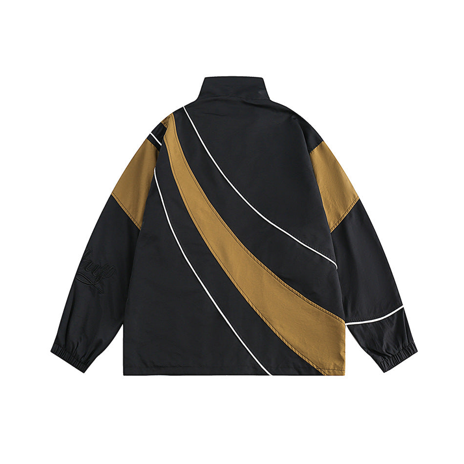 Unisex Jacket Spring and Autumn Retro Patchwork Contrast Color Stand-up Collar Coat