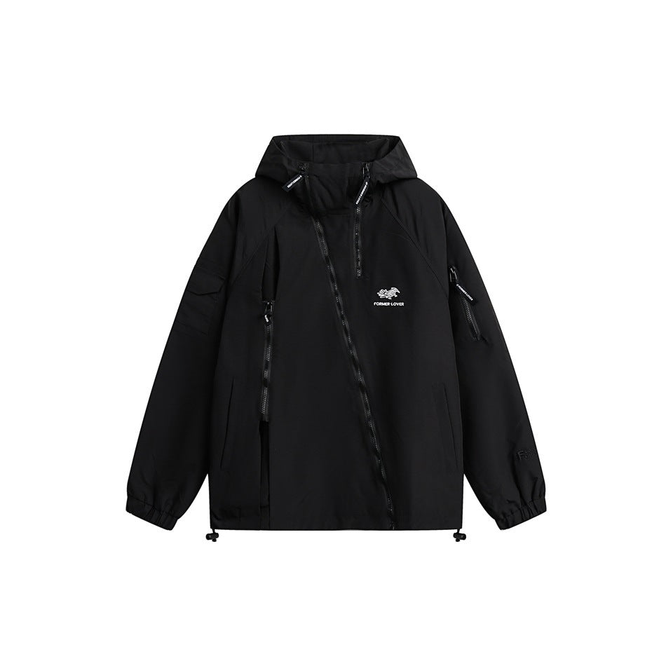 Unisex Jacket Loose Hooded Coat Oblique Zipper Mechanical Style Jacket