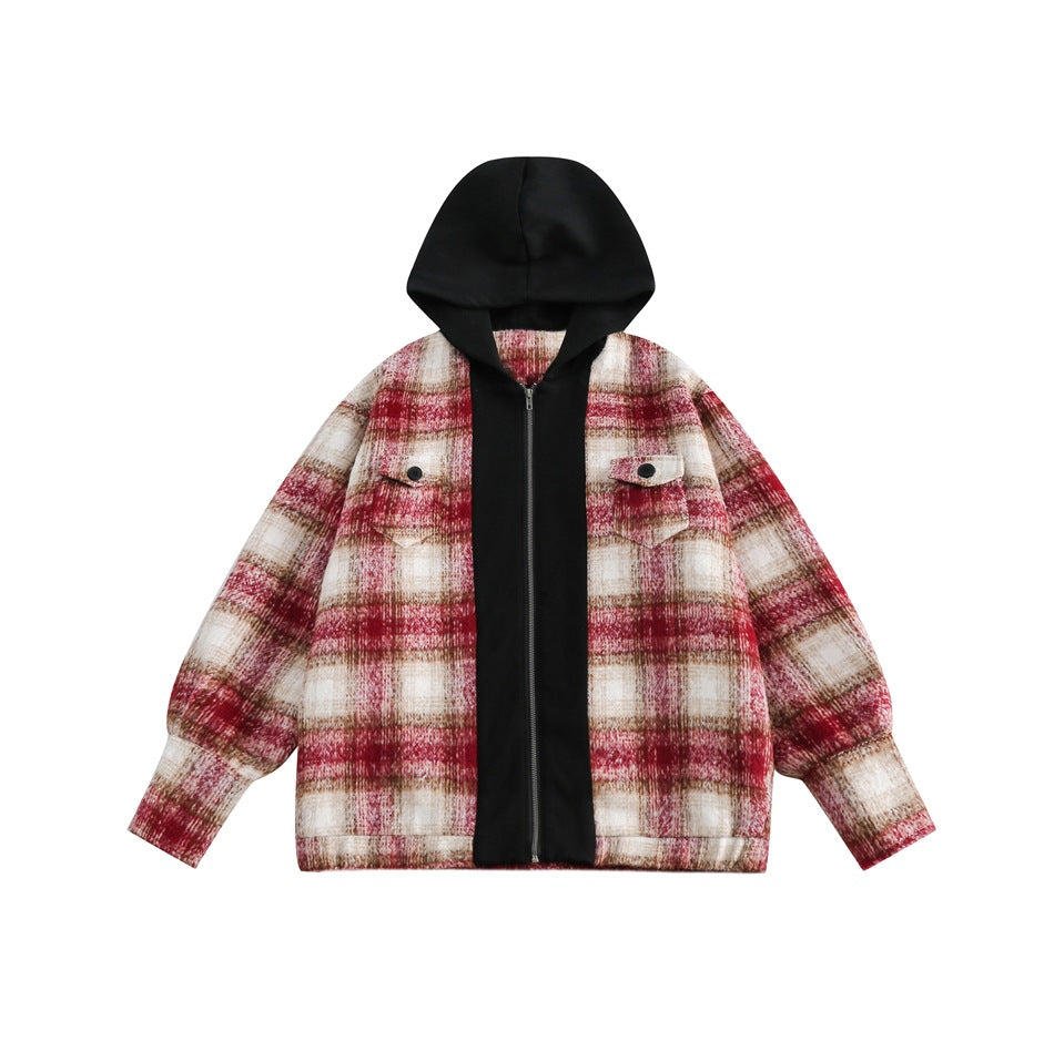 Unisex Jacket Retro Patchwork Plaid Coat for Men and Women Couple Cardigan Hooded Hooded Jacket