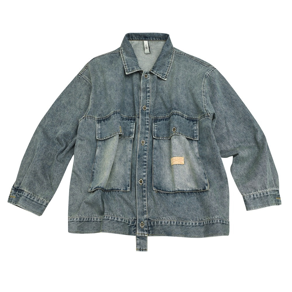 Unisex Jacket Retro Loose Washed-out Large Workwear with Pocket Denim Clothes Jacket