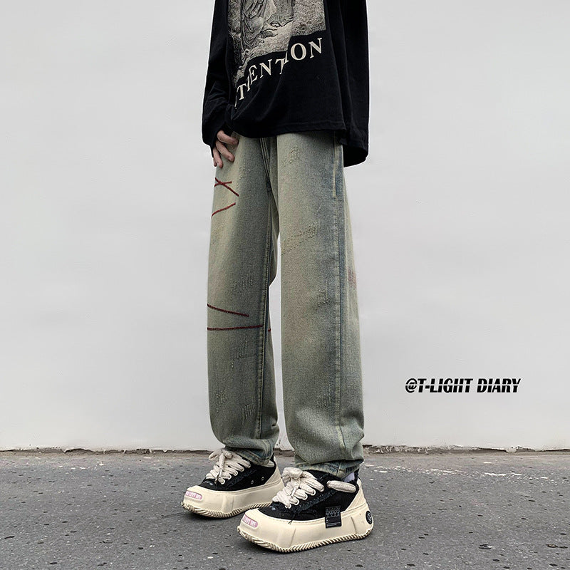 Men Jeans Washed Jeans Men's Winter Retro Straight-Leg Pants