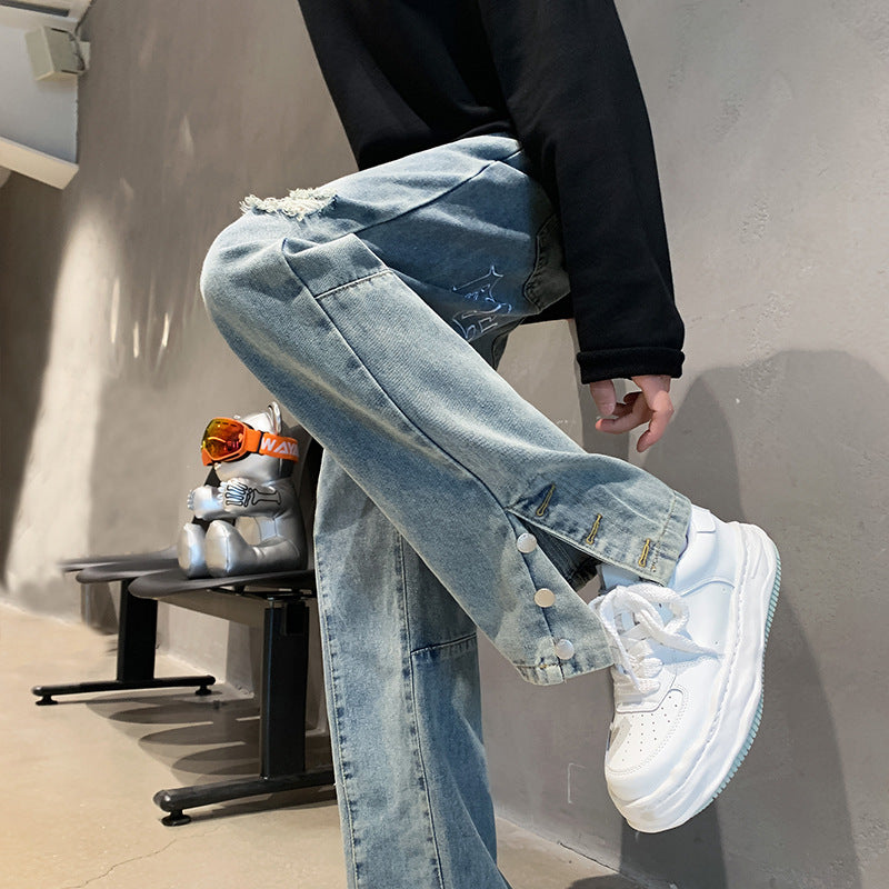 Men Jeans Letter Embroidered Jeans Men's Spring/Summer Hip Hop Straight-Leg Pants