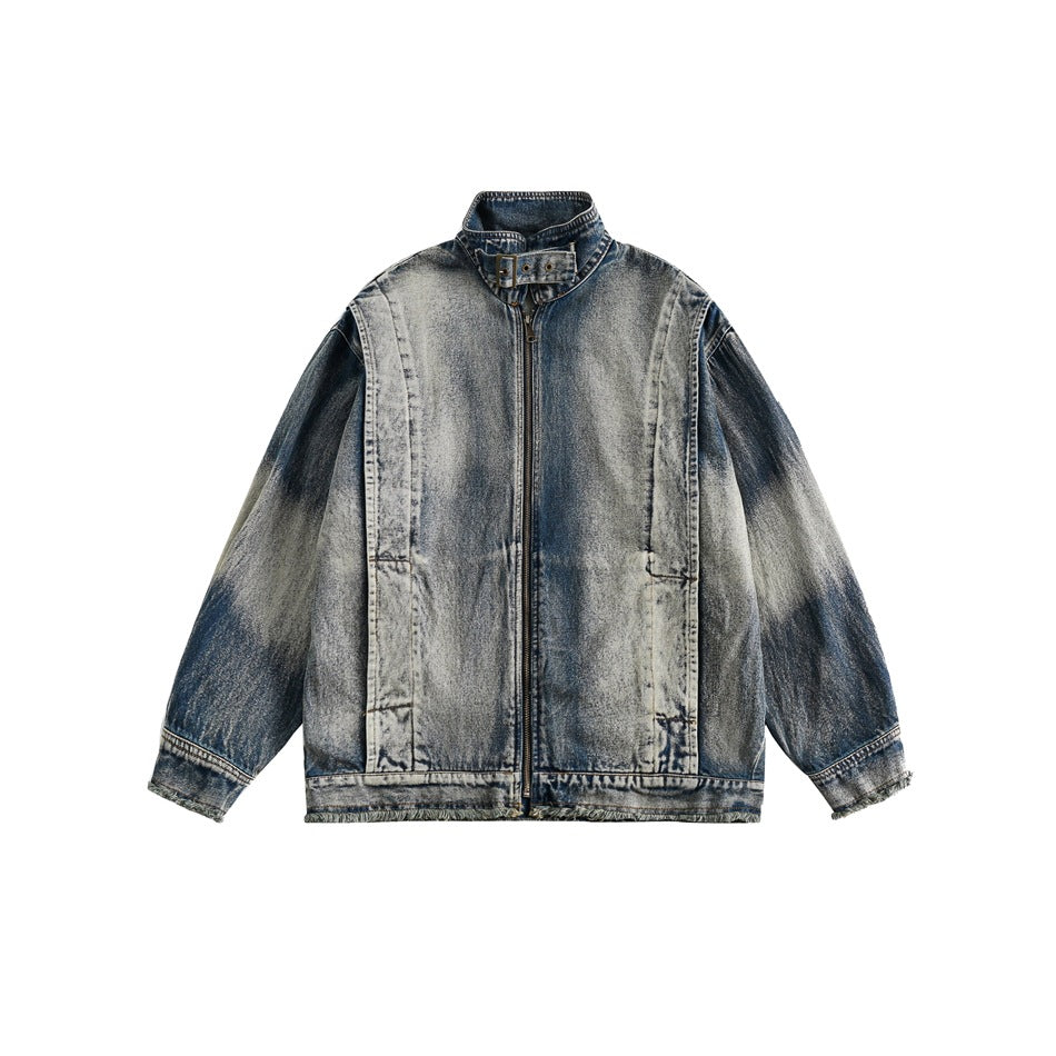 Unisex Jacket Retro Washed Stand Collar Denim Jacket Men's and Women's Denim Coat