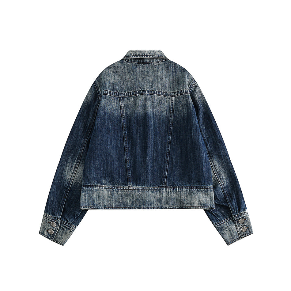 Unisex Jacket Vintage Top Washed Denim Jacket for Women Turn-down Collar Coat Spring and Autumn