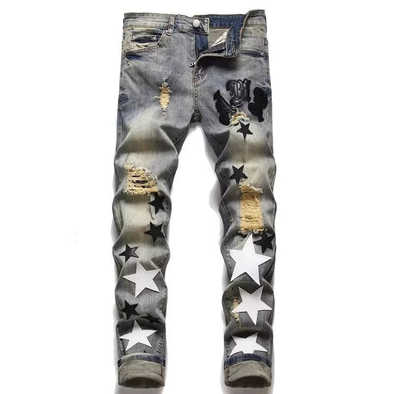 Men Jeans Vintage Five-Pointed Star Patch Jeans
