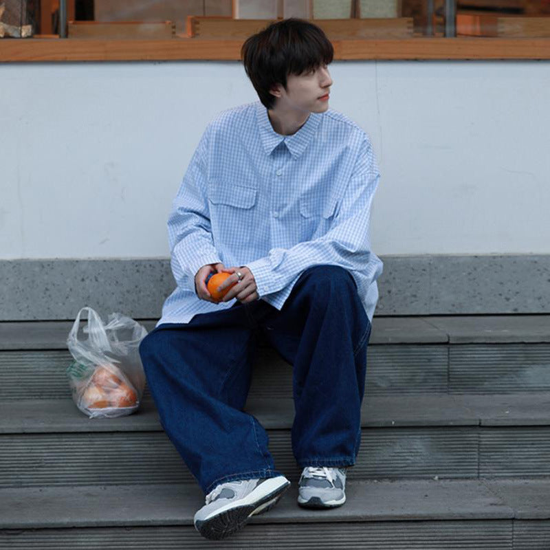 Men Jeans Oversize Pants Dark Blue Jeans Men Retro Straight-Leg Pants