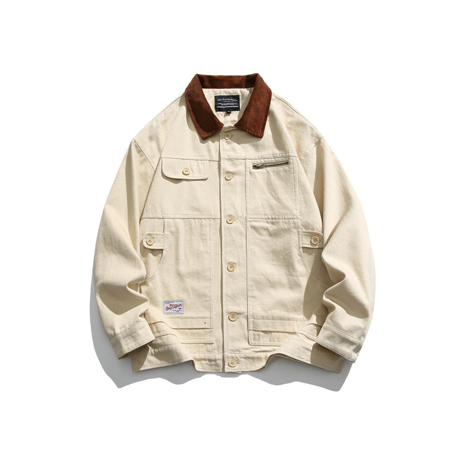 Unisex Jacket Retro Multi-Pocket Workwear Coat Loose Casual Polo Collar Jacket