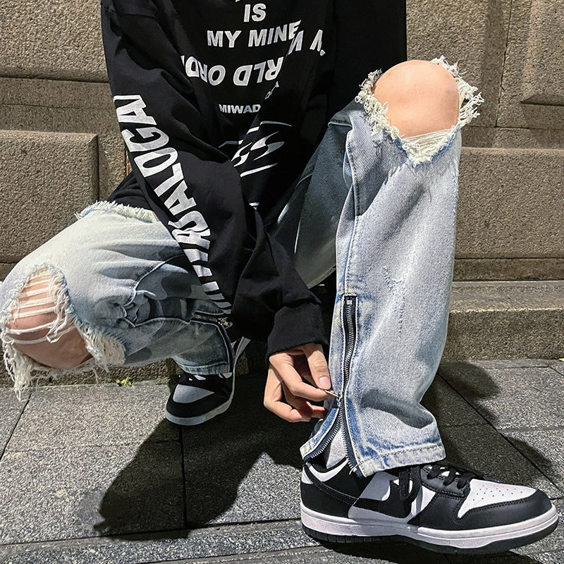 Men Jeans Ripped Jeans Men's Summer Straight Casual Wide-Leg Trousers