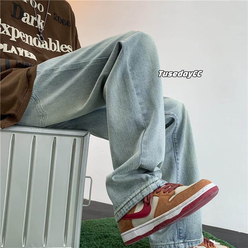 Men Jeans Retro Washed Straight Jeans Men's Autumn Loose