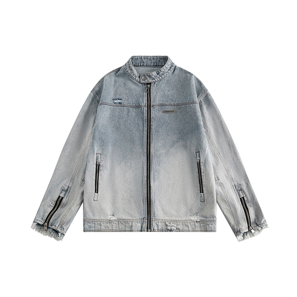 Unisex Jacket Retro Washed Ripped Denim Jacket Locomotive Overalls