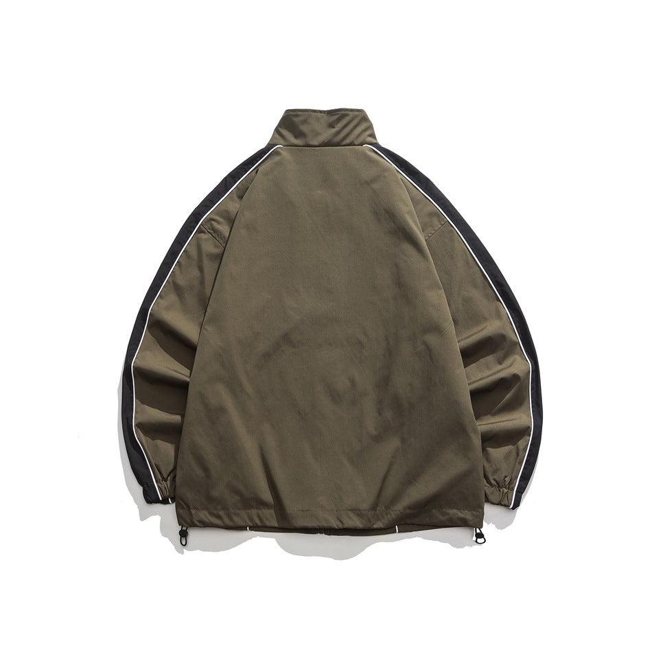 Unisex Jacket Vintage V Contrast Color Stand-up Collar Sports Jacket Men's and Women's Coats